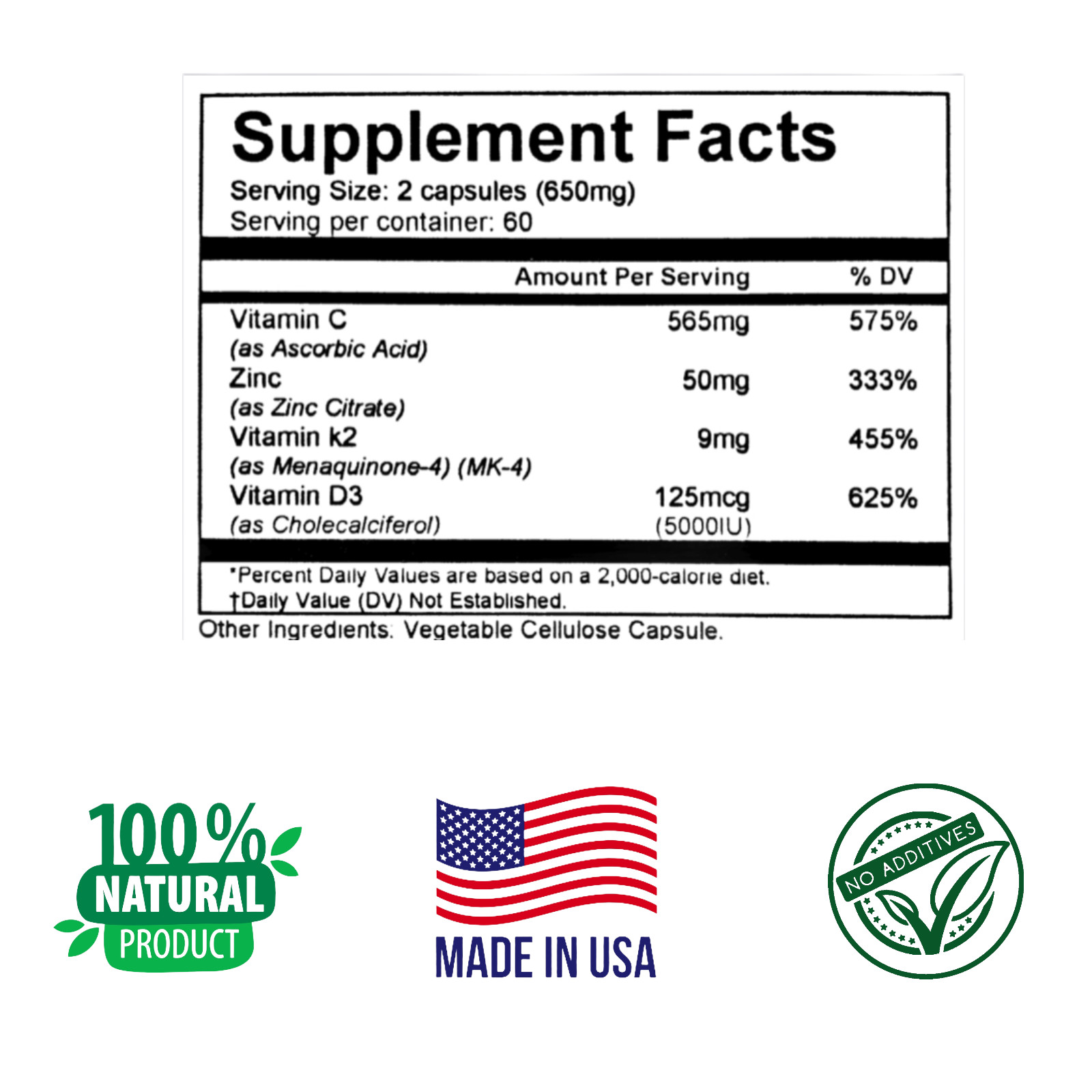 VITAMINS AND ZINC TO IMPROVE IMMUNE SYSTEM,120 capsules, Easy to Swallow, inmune