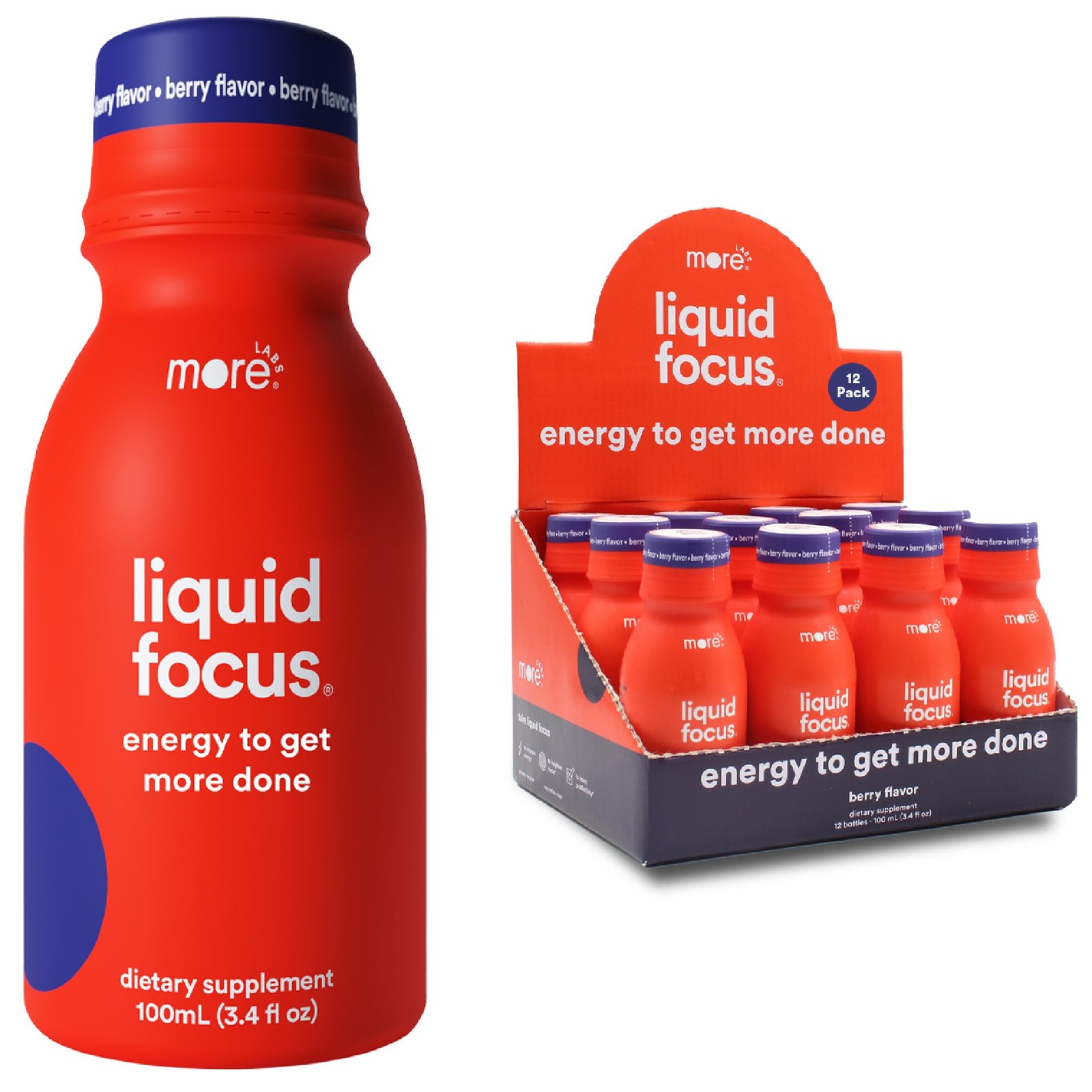 More Labs Liquid Focus, Nootropic Smart Drink 3.4 Fl Oz (Pack of 12), Berry