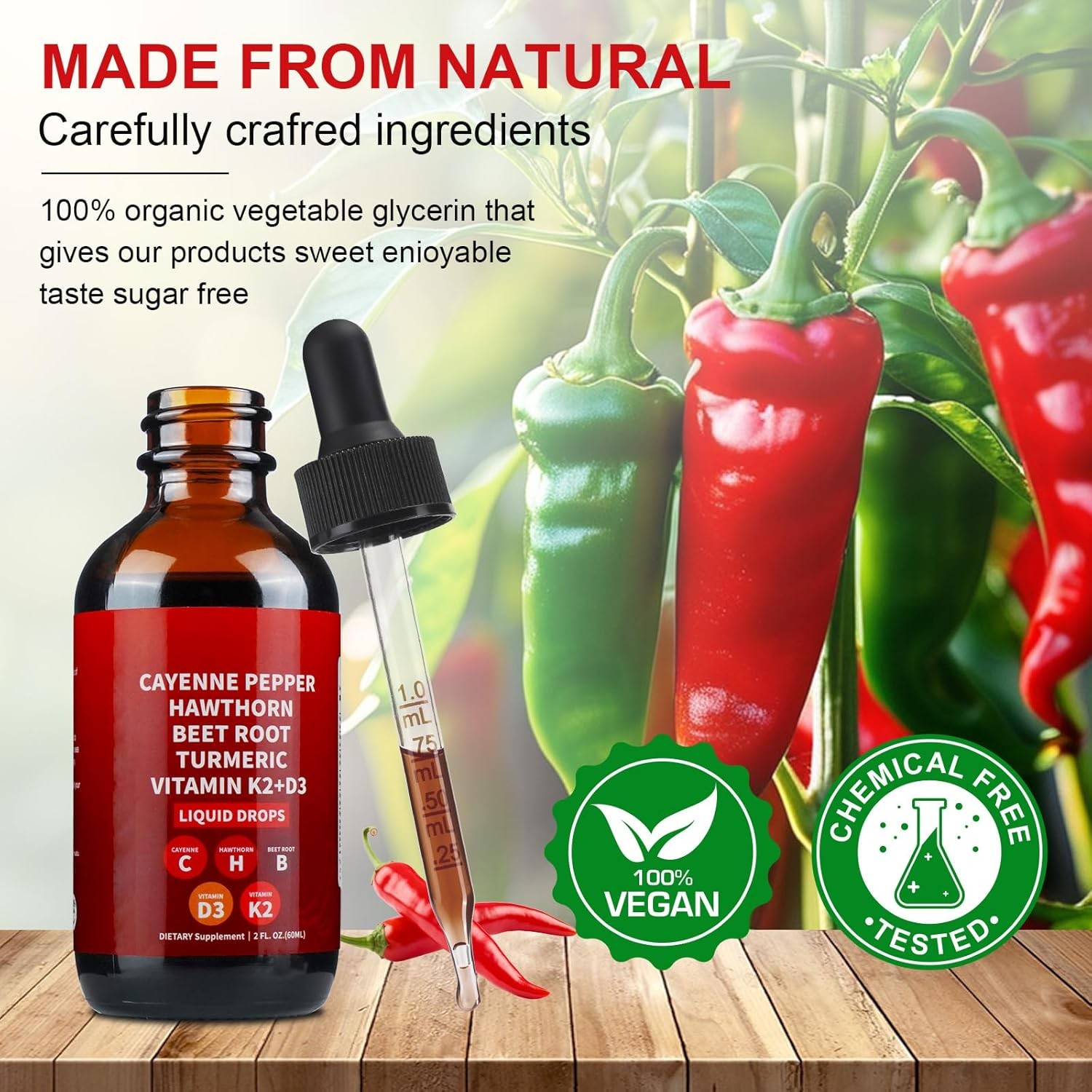 Advanced Cayenne Pepper Hawthorn Beet Root Turmeric Vitamin K2+D3 Drops Suppleme