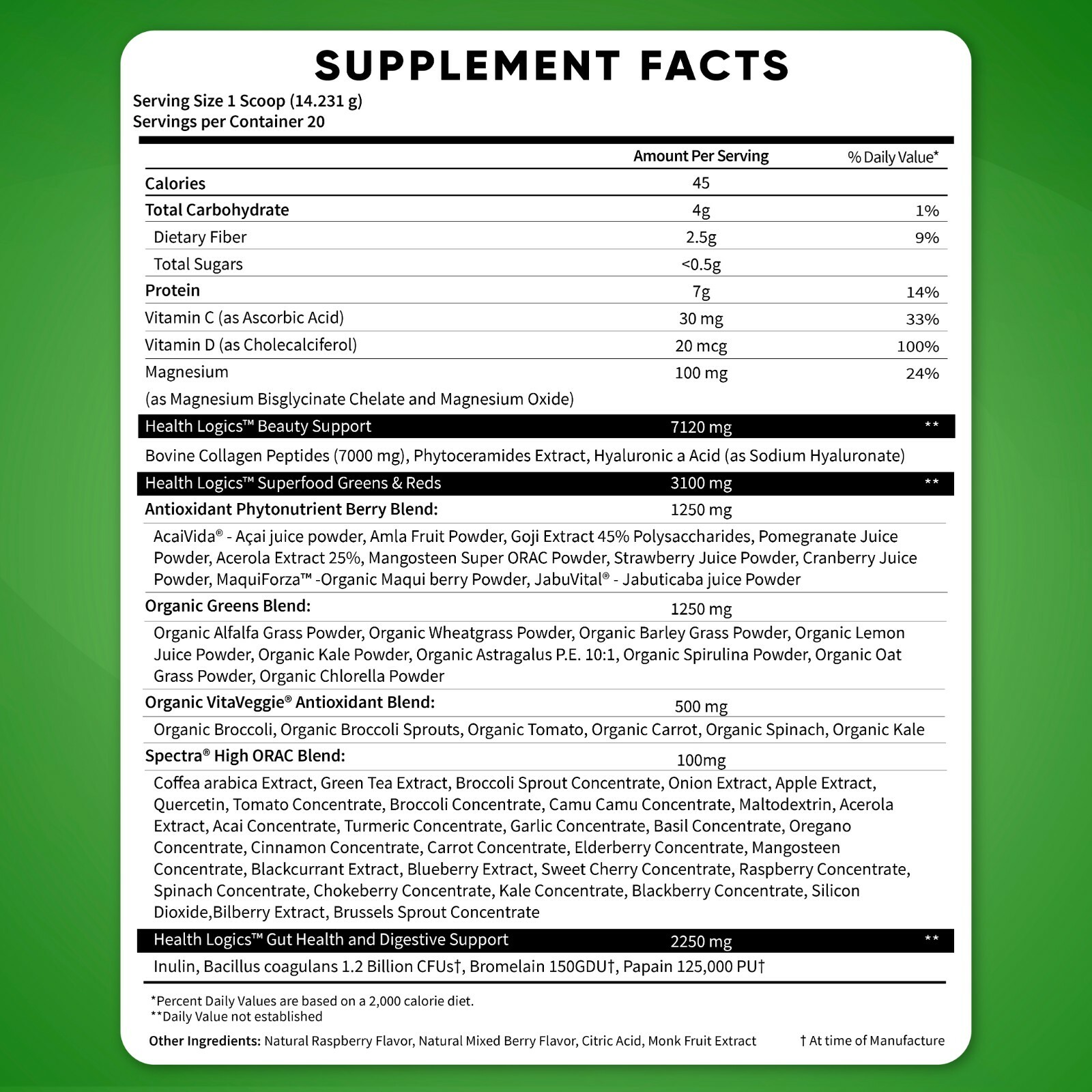 Health Logics Glowing Greens Superfood Greens, Prebiotic, Probiotic & Collagen