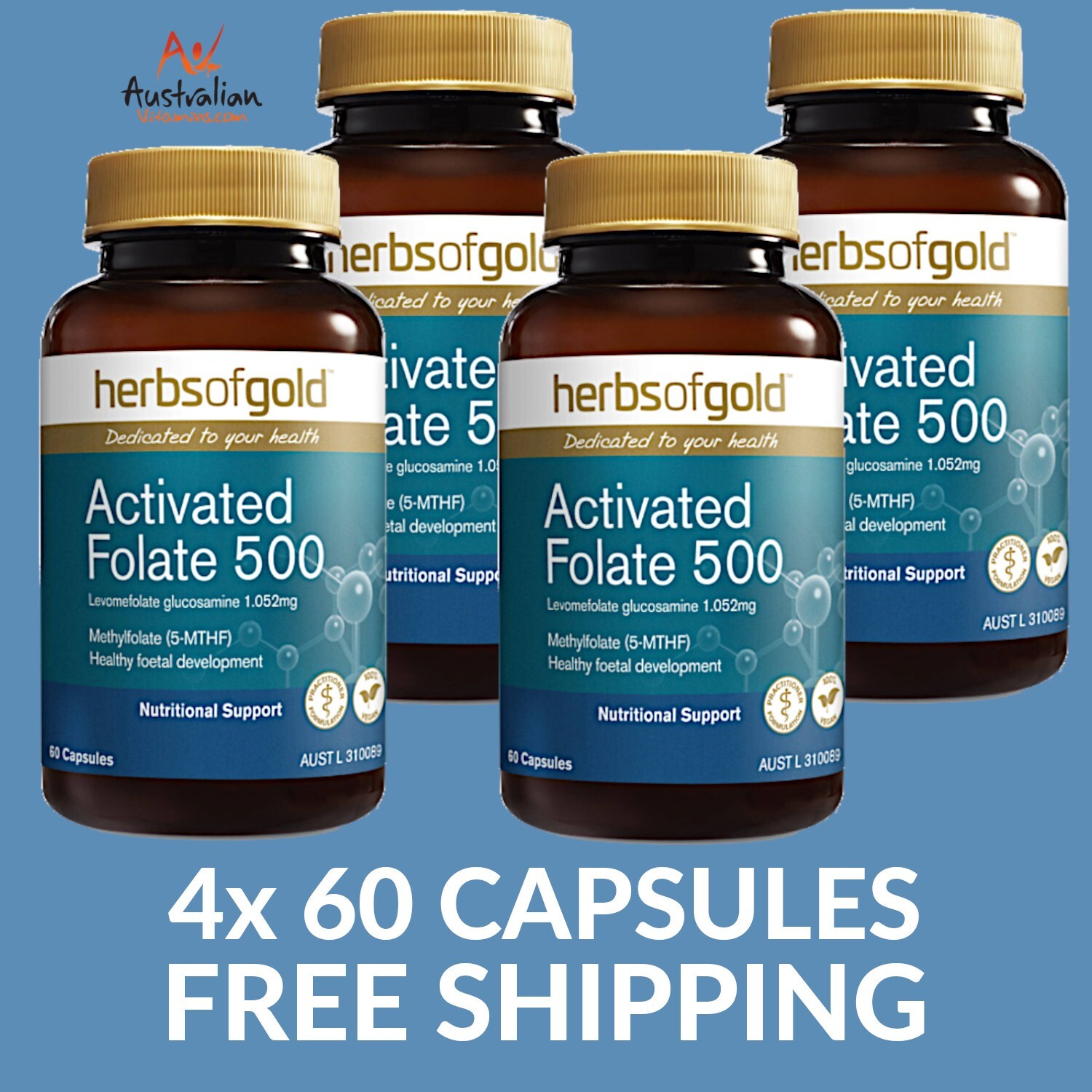 Herbs of Gold Activated Folate 500 | 60 Capsules – 4 PACK PRICE – $17.95 each