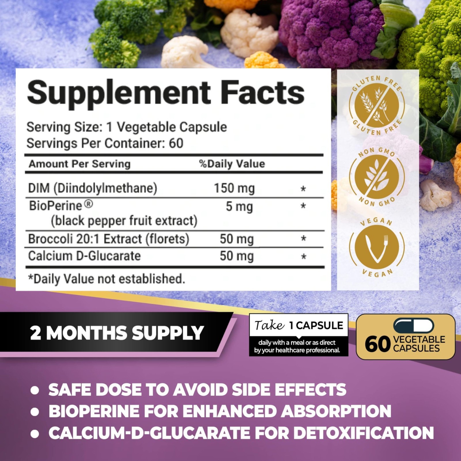 DIM Supplement with Broccoli Extract and BioPerine, Natural Hormone Balance 60ct