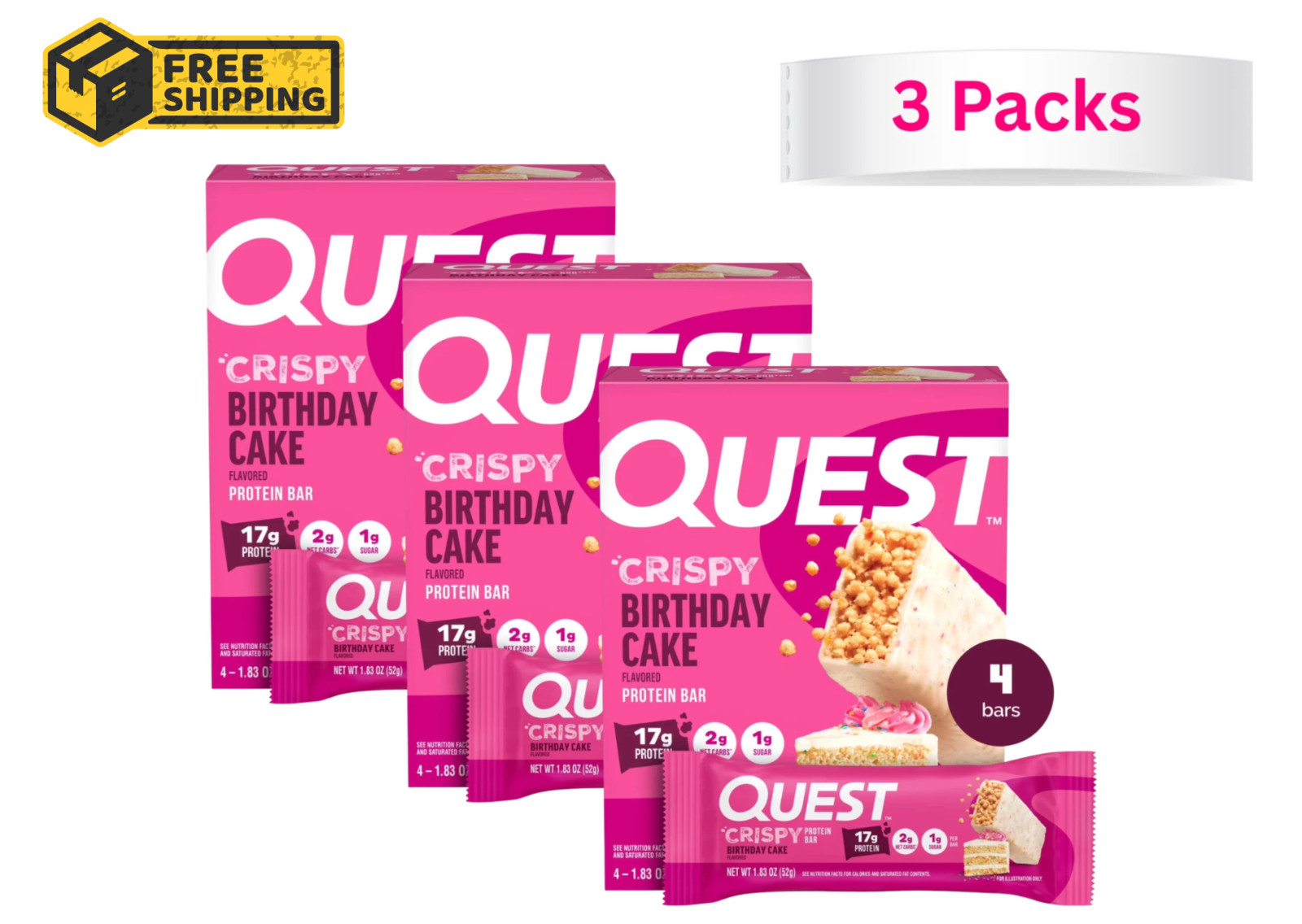 Quest Crispy Hero Protein Bar, Birthday Cake Flavor, Low Sugar, 3 Packs x4 Count