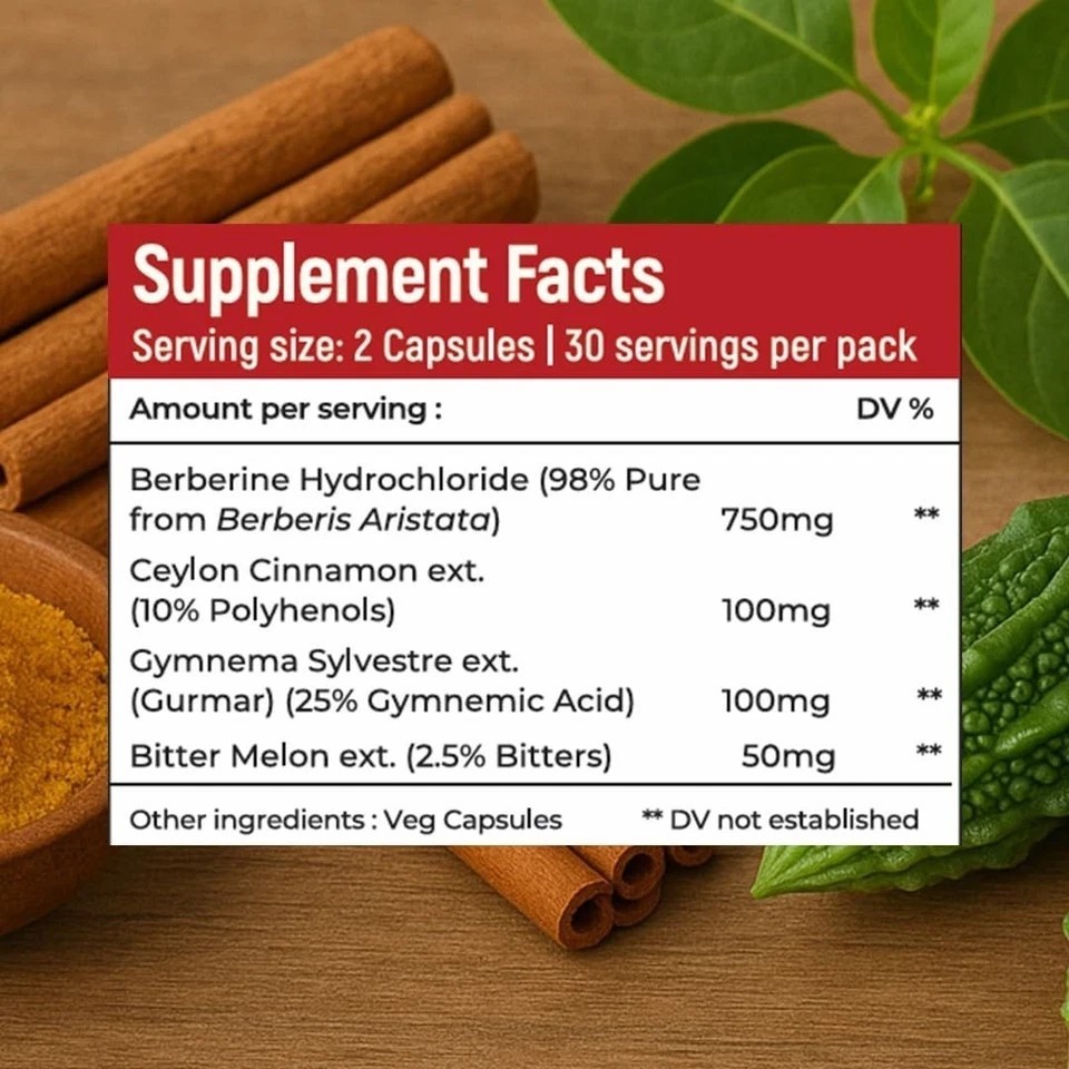 Berberine HCL 98% with Ceylon Cinnamon,Gurmar,Bitter Melon – 60 Veg Caps o734