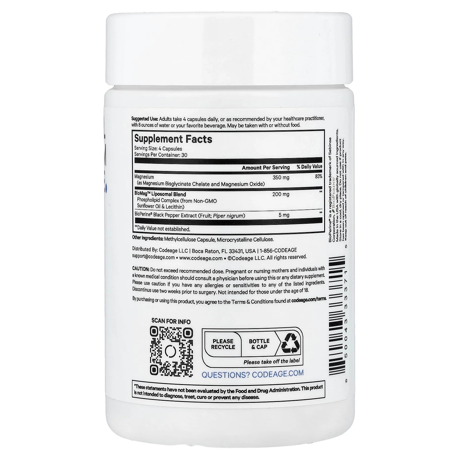 2 X Codeage, Liposomal Magnesium Glycinate, 120 Vegetable Capsules