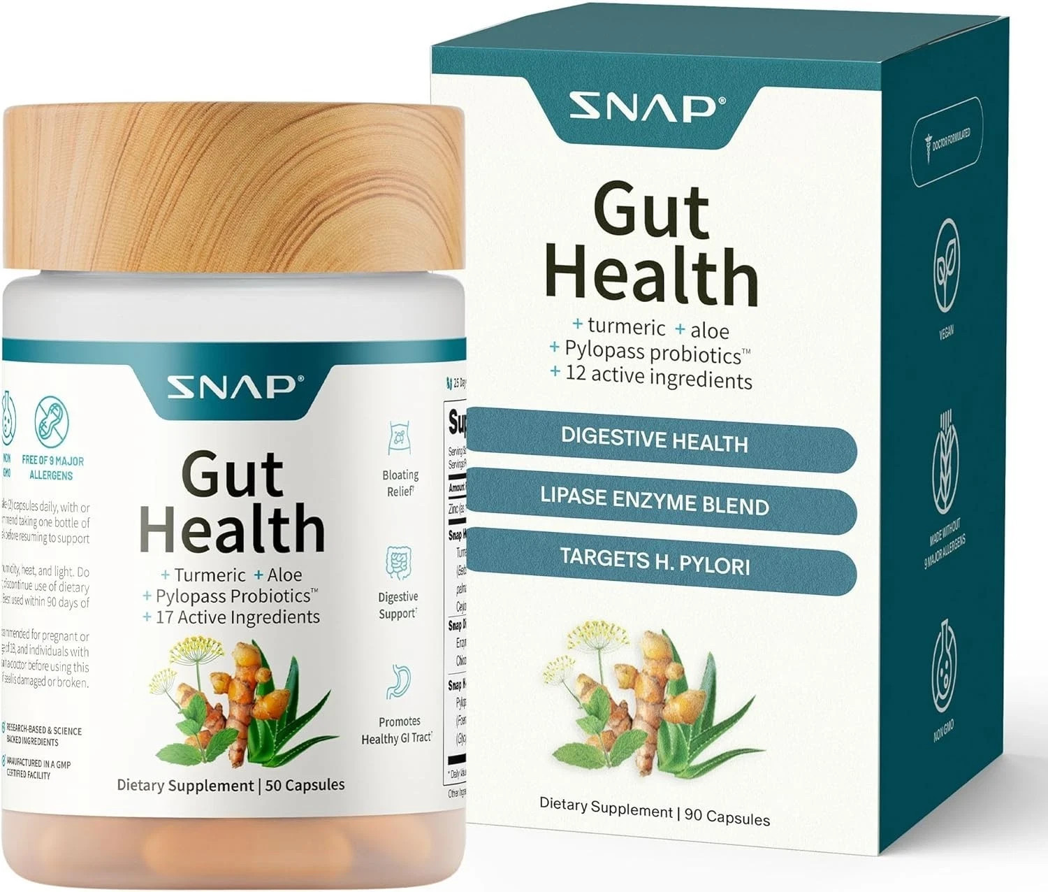 Snap Gut Health Capsules Turmeric Aloe Pylopass Probiotics 15 Active Ingredients