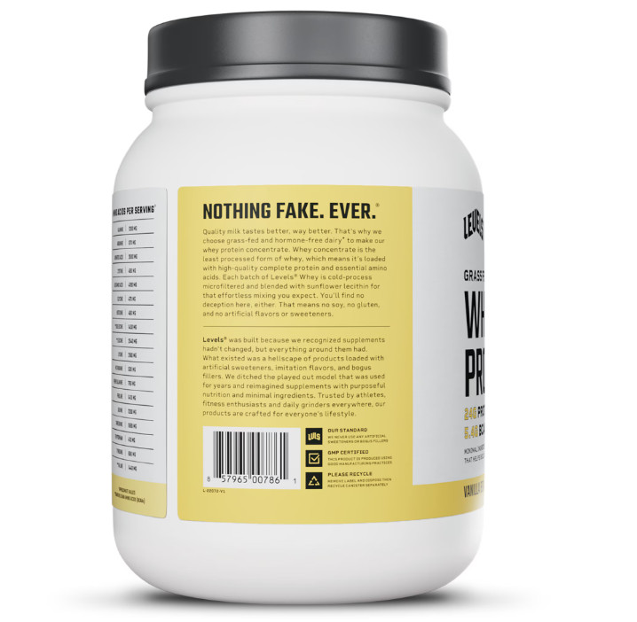 Levels Grass Fed Whey Protein Vanilla Bean 1.48lb 24g Protein No Artificial