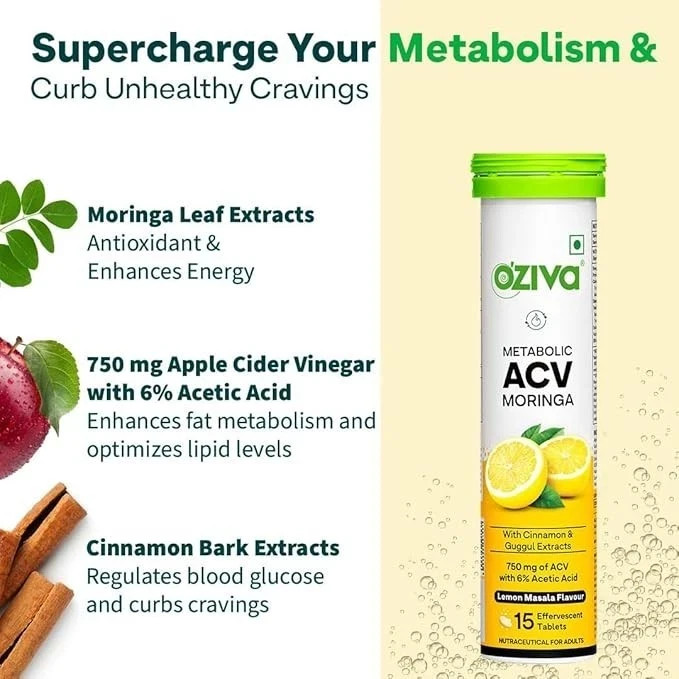 OZiva ACV Moringa Tablets Effervescent Lemon Masala 30 Tablets 2 Pack