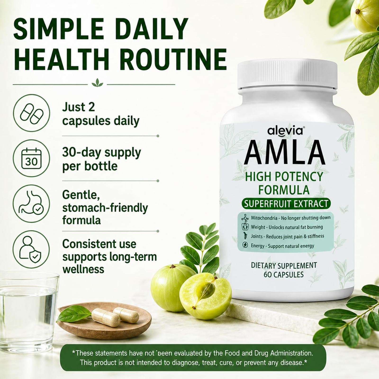 Alevia Natural Amla Capsules 1000mg Indian Gooseberry Antioxidant Supplement 60c