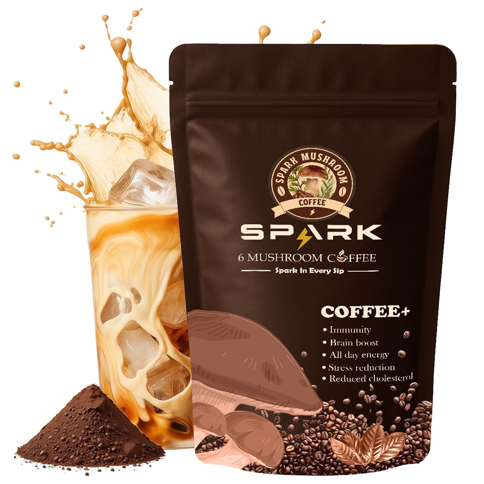 Spark Instant Organic Coffee – 35 Servings & 210g/7.4oz – 6 Adaptogenic Mushr…