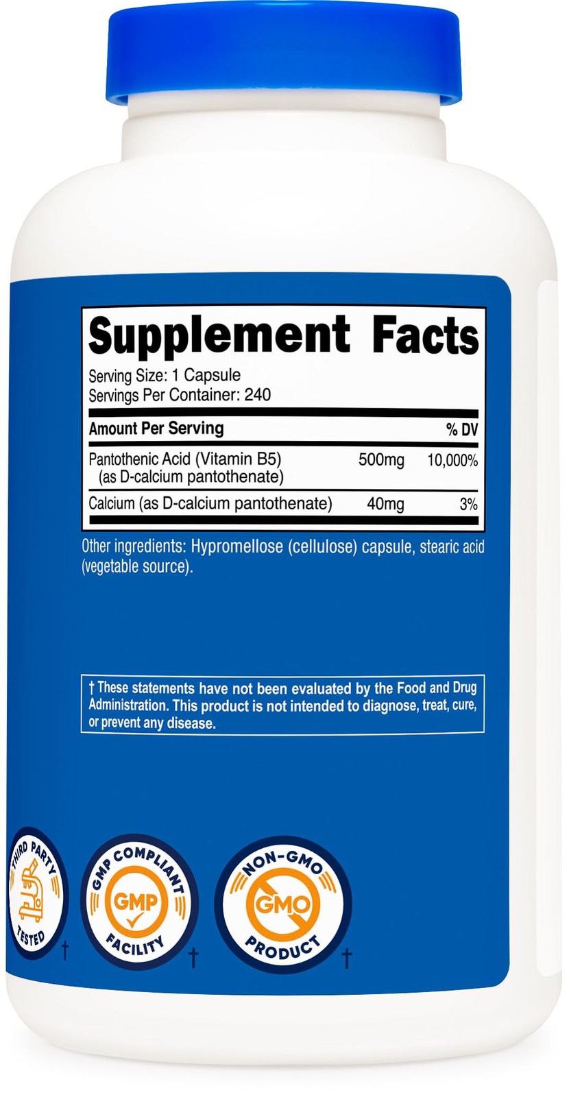 Nutricost Pantothenic Acid (Vitamin B5) 240 Count (Pack of 1), Multicolor