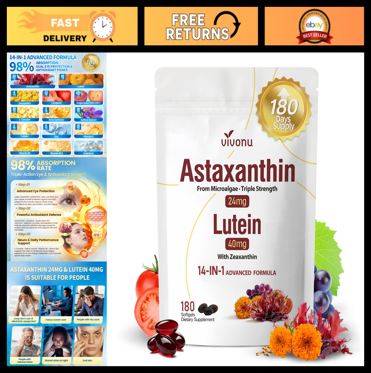 14-in-1 Astaxanthin 24mg & Lutein 40mg Supplements – 180 Softgels, Antioxidant,