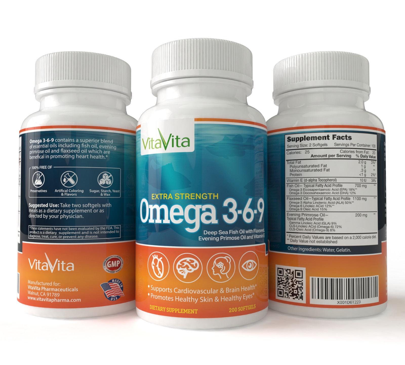 2 Bottles Extra Strength Omega 3-6-9 Fish Oil (200 Softgels), 400 Softgels Total