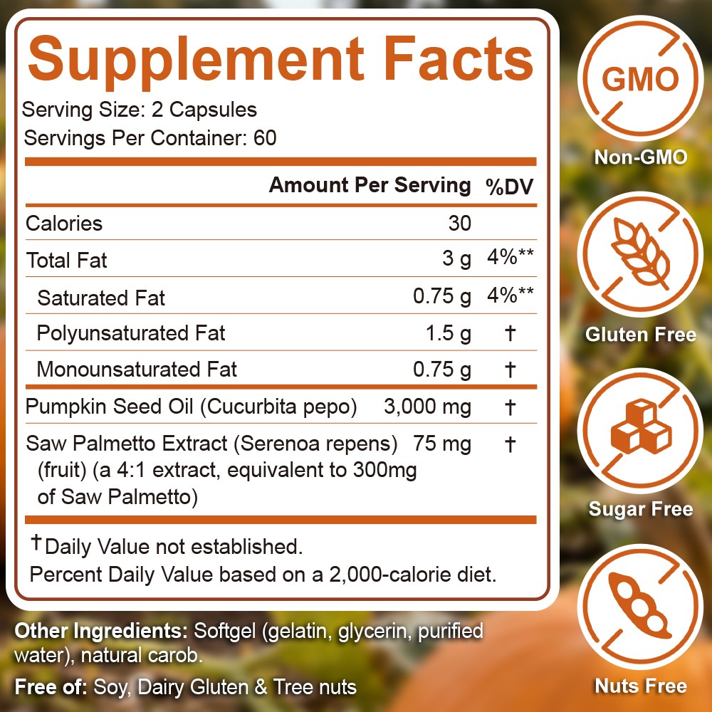 3000mg Pumpkin Seed Oil Saw Palmetto 120 Softgels Bladder Health, Immune Support