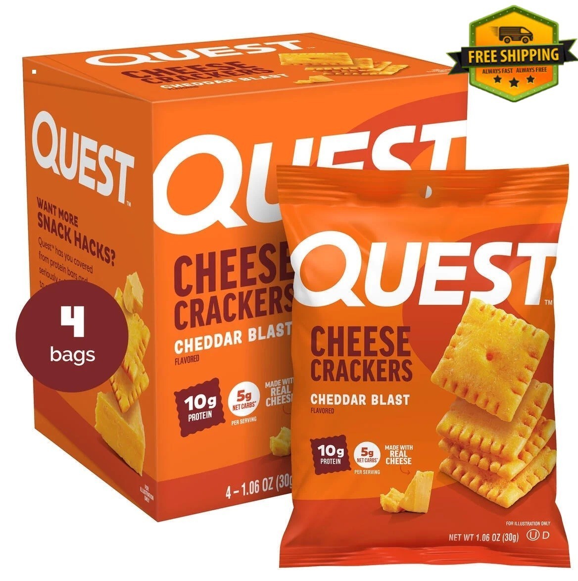 Quest Cheddar Crackers – 10g Protein, Made with Real Cheese, Pack of 4