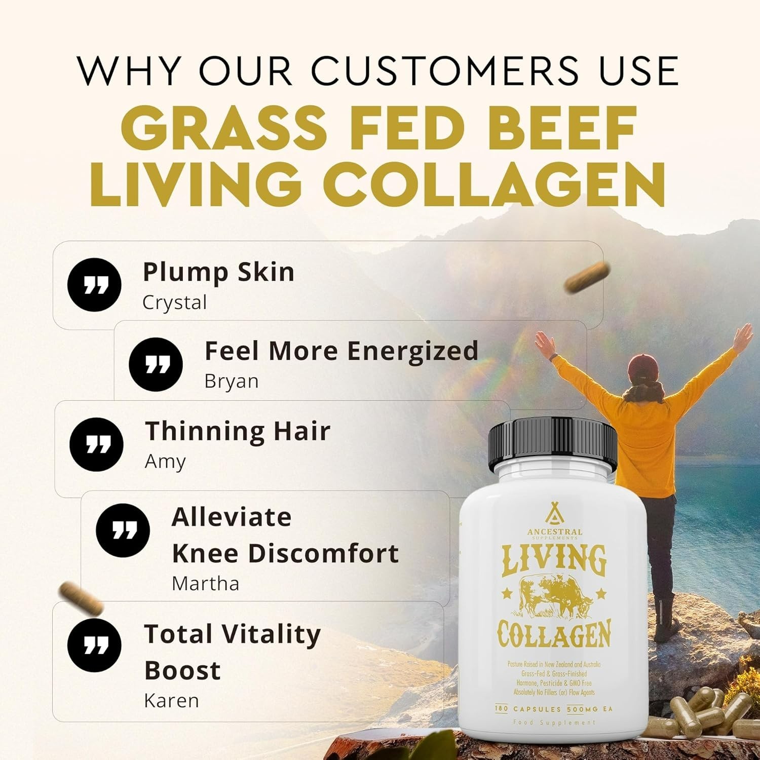 Ancestral Supplements Living Collagen 3000mg 180 Capsules | Skin, Hair, Joints