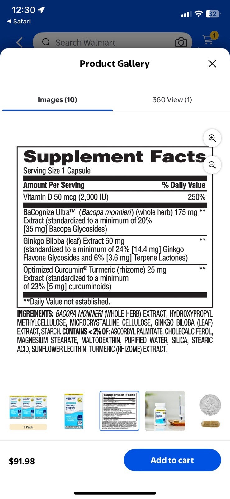 3pk EQUATE MEMORY SUPPORT REGULAR STRENGTH 30 CAPSULES Compare To Prevagen 10/27