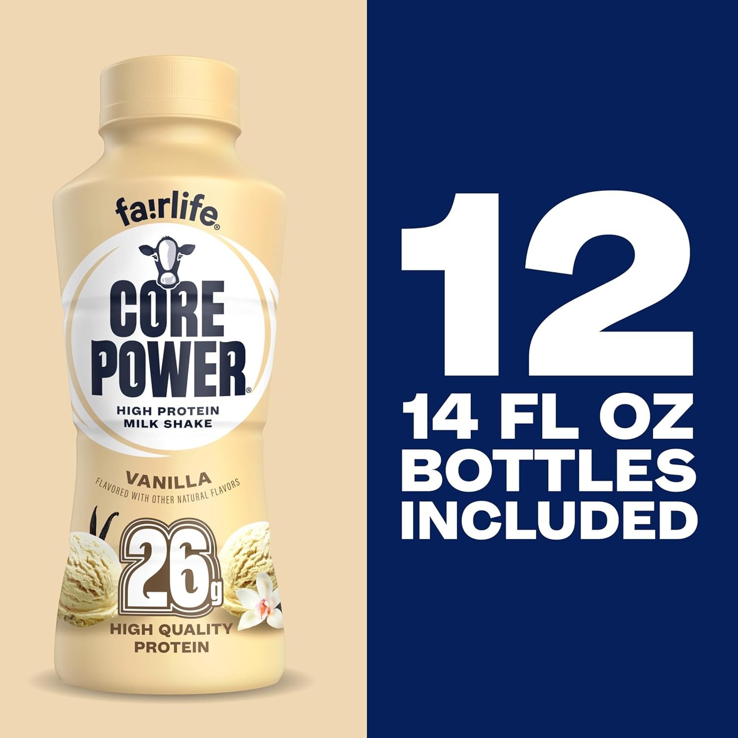 Core Power Protein Shake, Vanilla, 26g Bottle, 14oz, 12 Pack