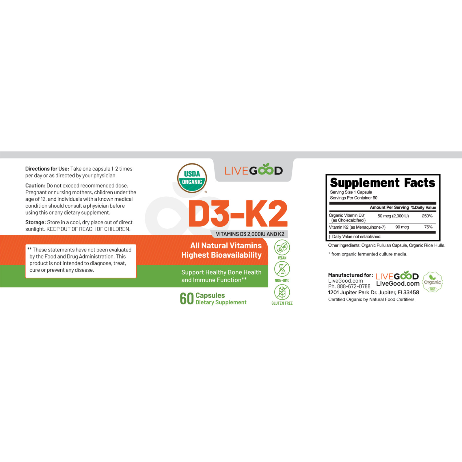 LiveGood organic vitamin D3 K2 2000 IU bioavailable 180 capsules 90 day supply