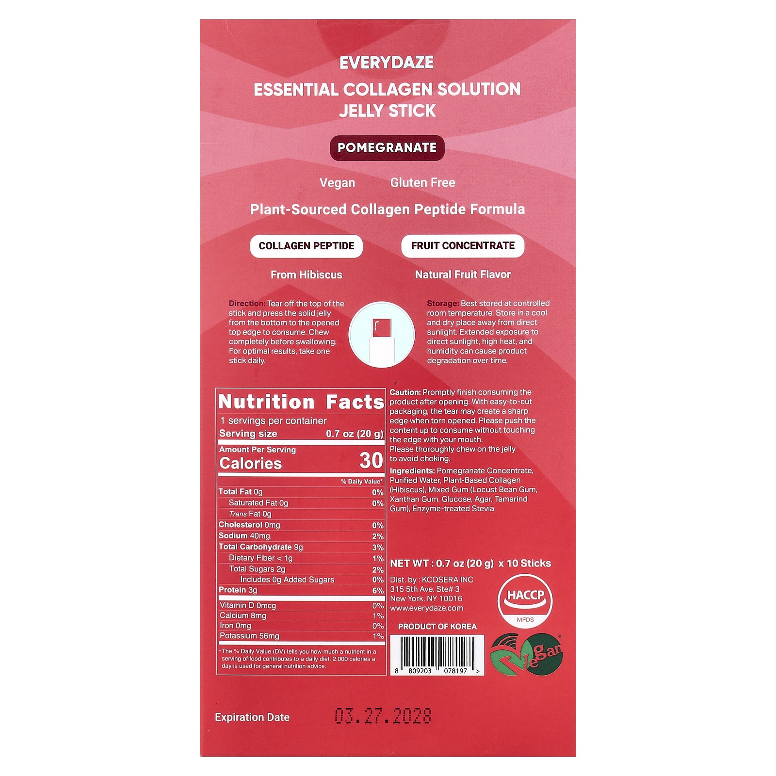 Essential Collagen Solution Jelly Stick, Pomegranate, 3,000 mg, 10 Sticks, 0.7