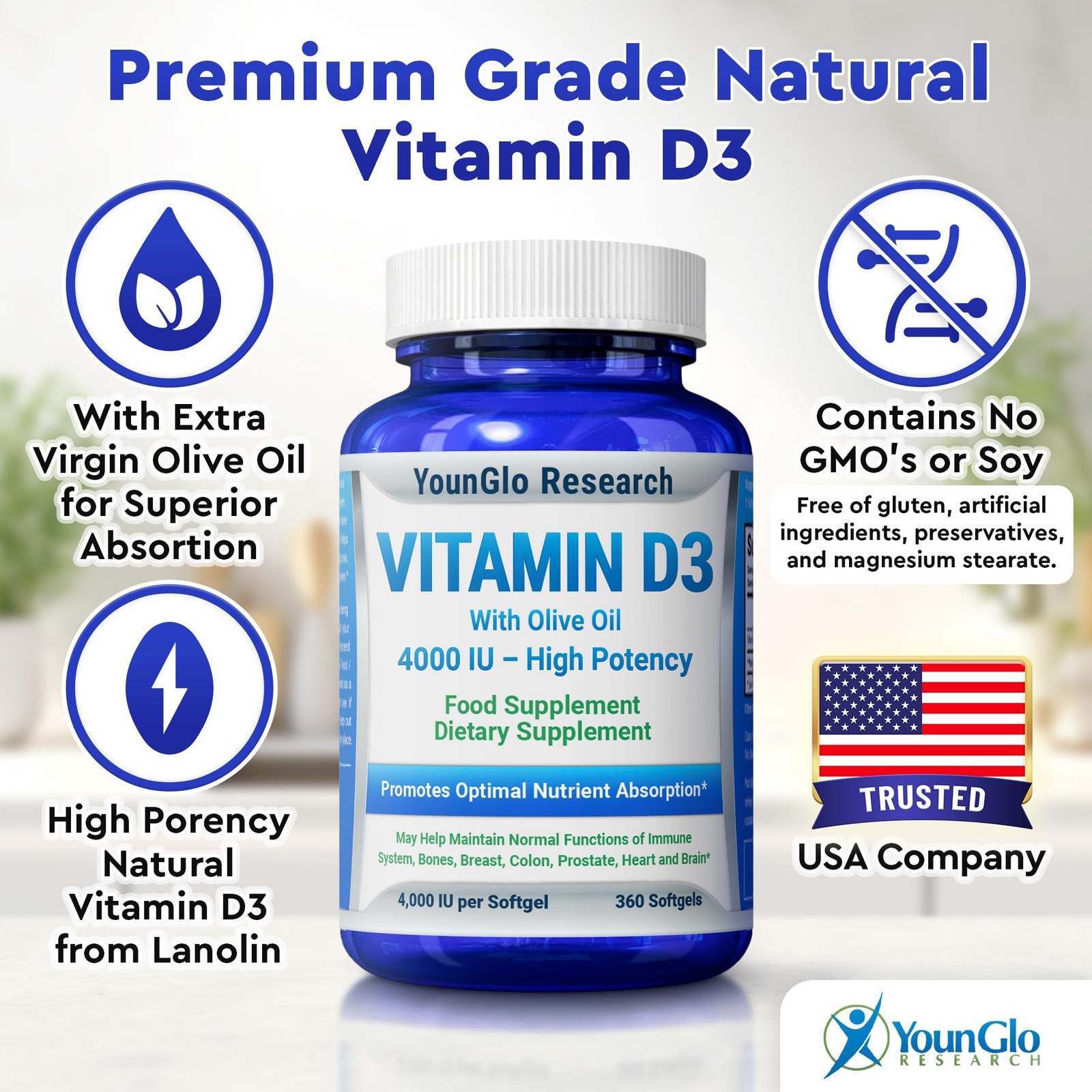 Vitamin D3 5000 IU – in Non GMO Olive Oil – Powerful Health Benefits – 360