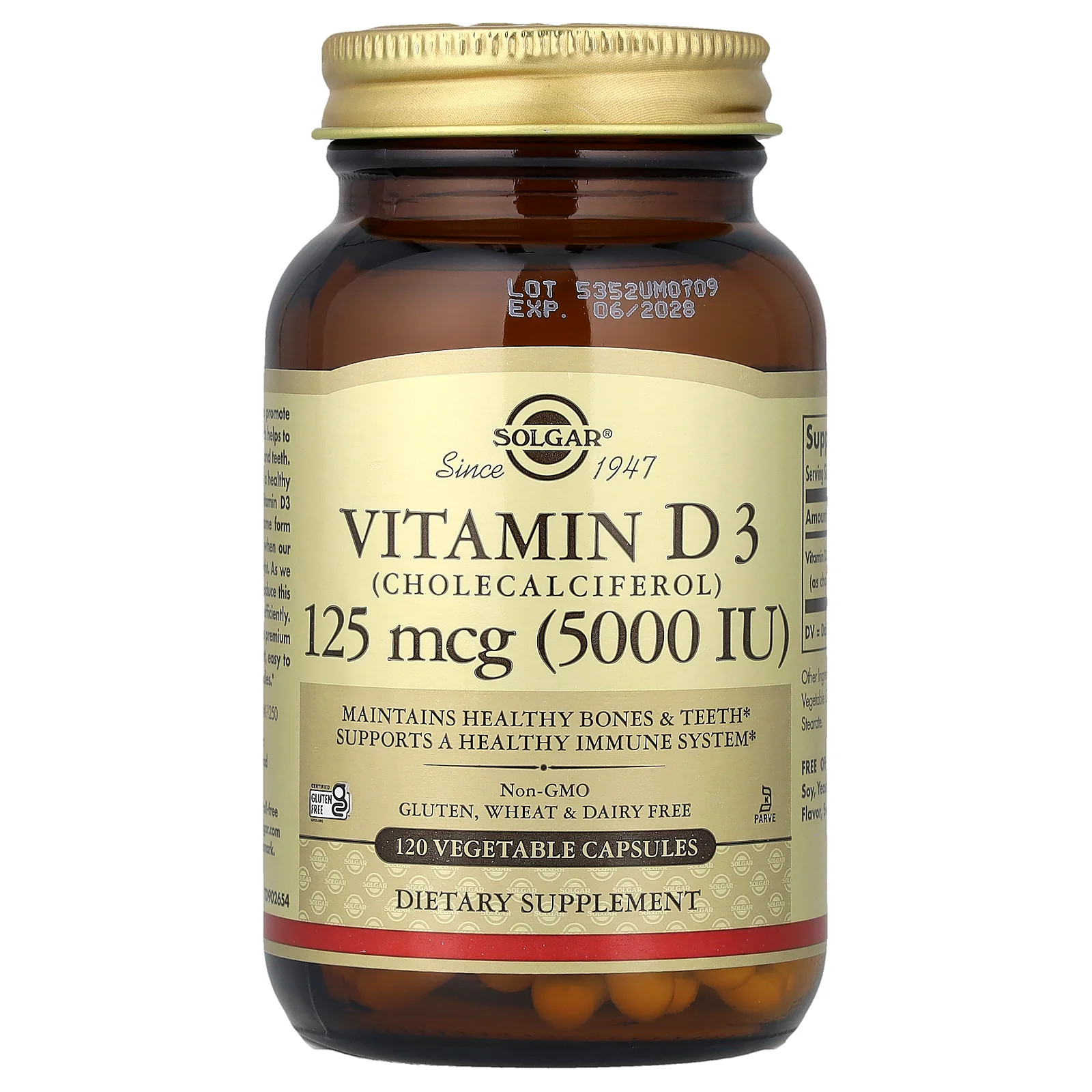 2 X Solgar, Vitamin D3, 125 mcg (5000 IU), 120 Vegetable Capsules