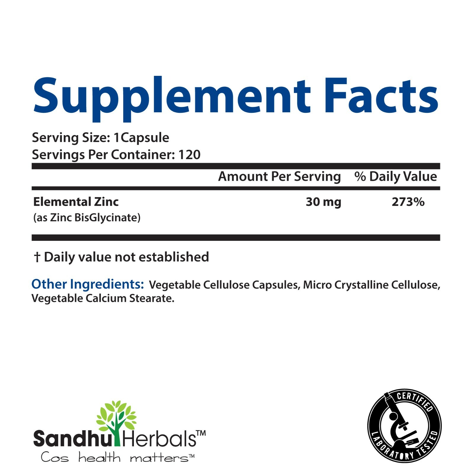 Zinc BisGlycinate chelate zinc 30mg Vegetarian Capsules 120 Ct -Immune Health