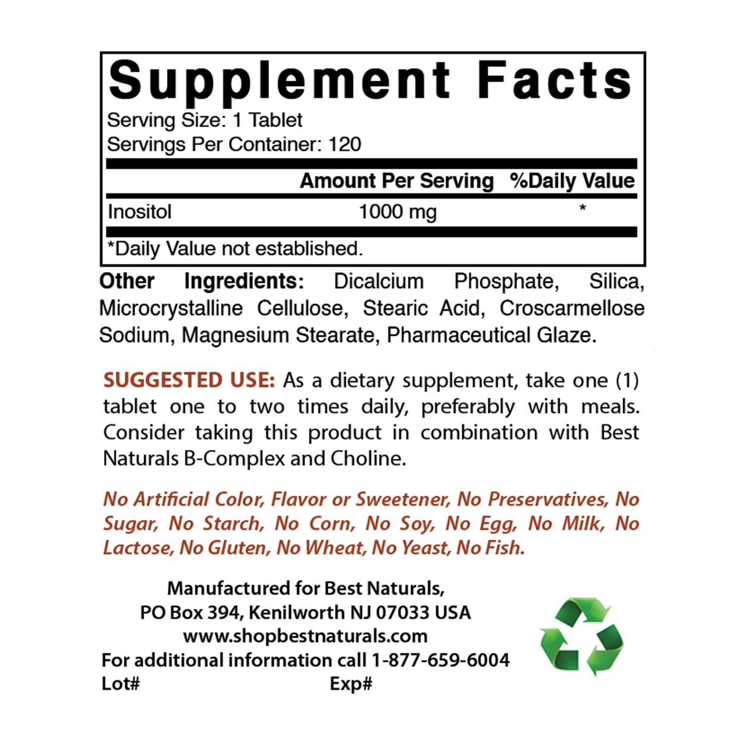 Best Naturals Inositol 1000 mg 120 Tablets – Also Called Vitamin B8