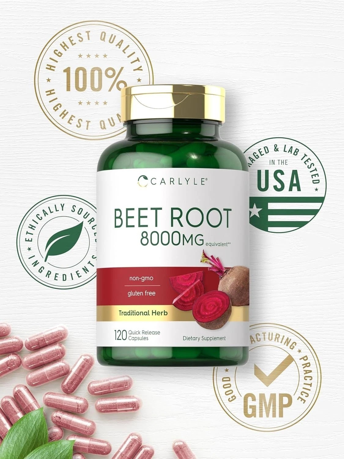 USDA Organic Extra Strength Beet Root 20:1 Extract 8000 mg Strength 120 Capsules