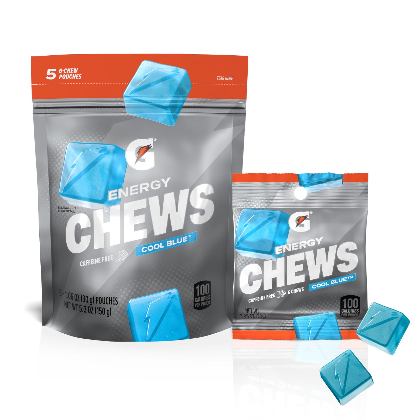 Gatorade Energy Chews, Cool Blue, Caffeine Free, B12, 100 Calorie Pouches, (5 Pa