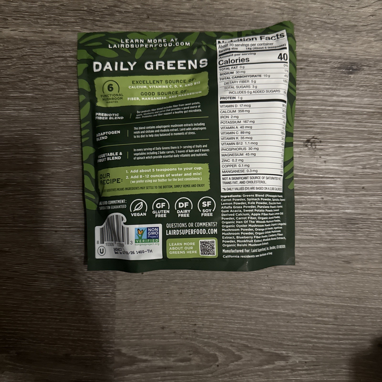 Laird Superfood Prebiotic Daily Greens Vegan Non-GMO Drink Mix July26