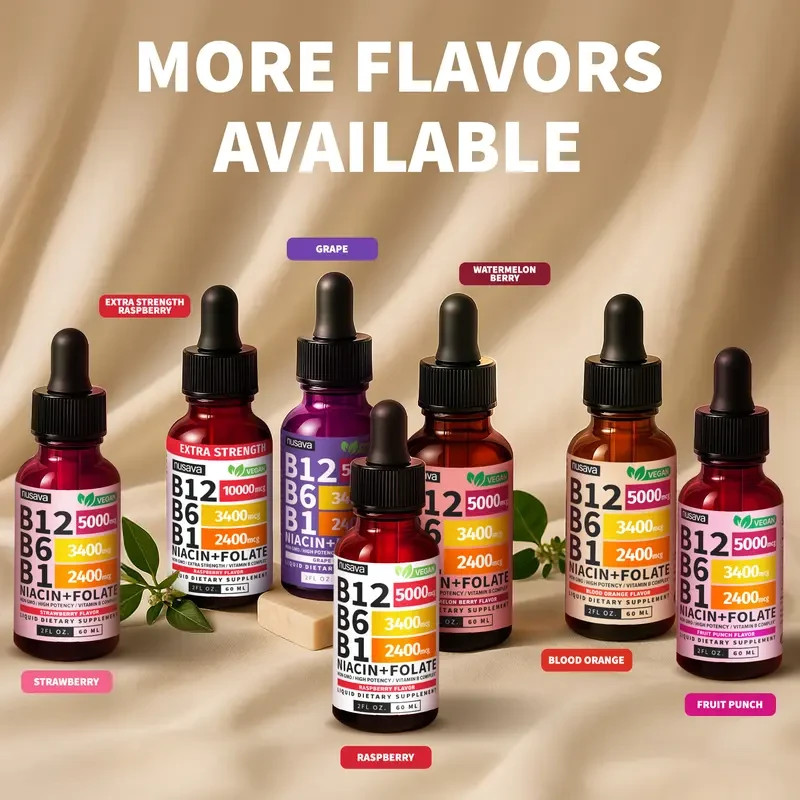 4-Pack Nusava Vegan Vitamin B Complex B12 B6 B1 Niacin + Folate Raspberry Favor