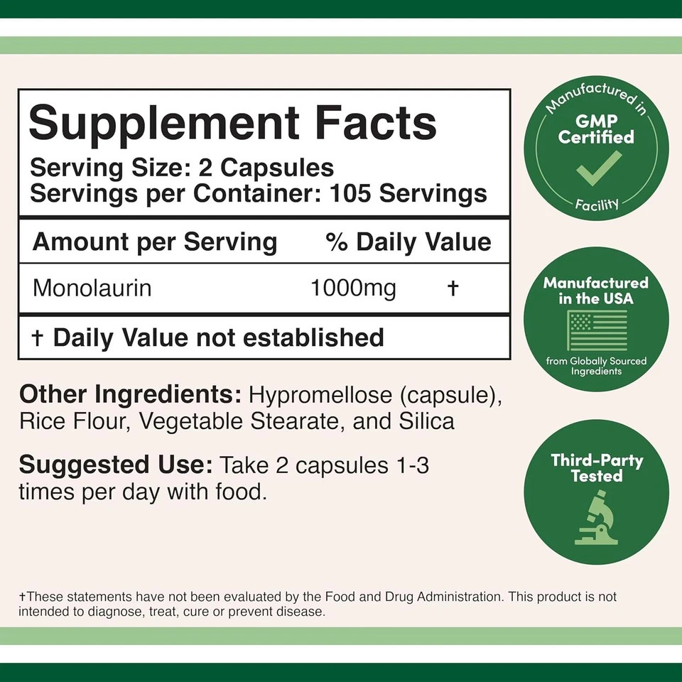 Monolaurin Immune Support Supplement 1,000mg per Serving, 210 Capsules (Vegan by