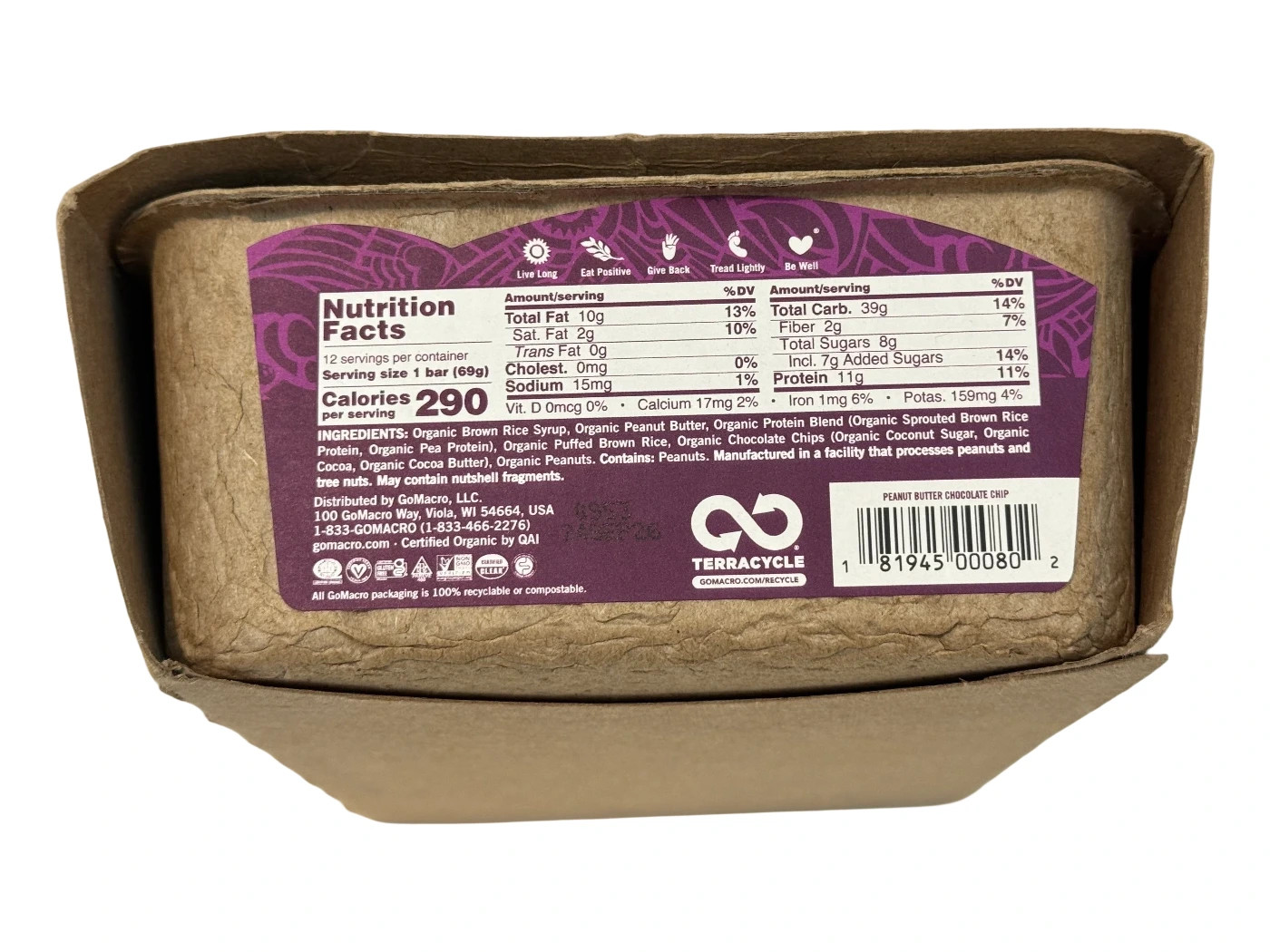 Gomacro Protein Bar (12) 2.4 Oz Peanut Butter Chocolate Chip USDA Organic