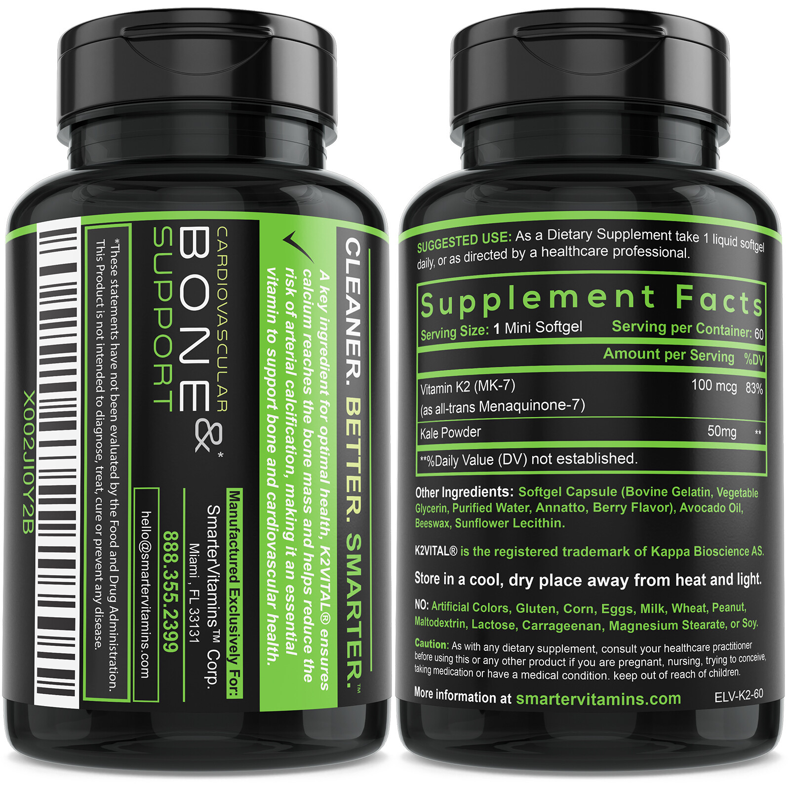 SMARTERVITAMINS 3 PACK! Vitamin K2 100mcg with K2VITAL® Enhanced w/ Kale Powder