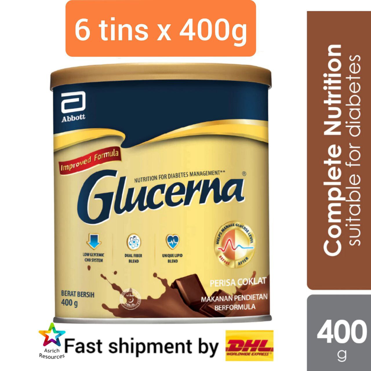 6 cans Glucerna 400g Triple Care Diabetic Milk (Chocolate Flavor) ~fast ship DHL