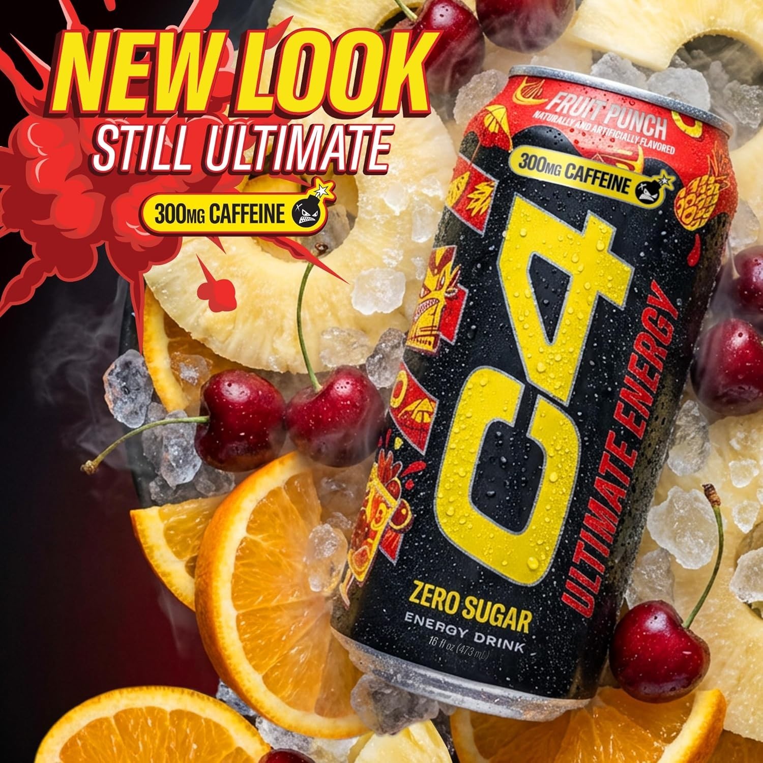 C4 Ultimate Energy Drink Fruit Punch 16oz Cans 12 Pack Case Zero Sugar 300mg