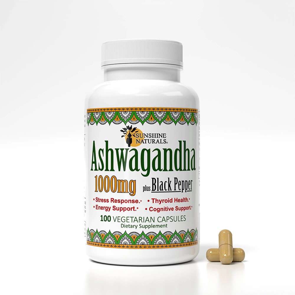 Sunshine Naturals Ashwagandha & Black Pepper Dietary Supplement. 1000mg. 100Caps