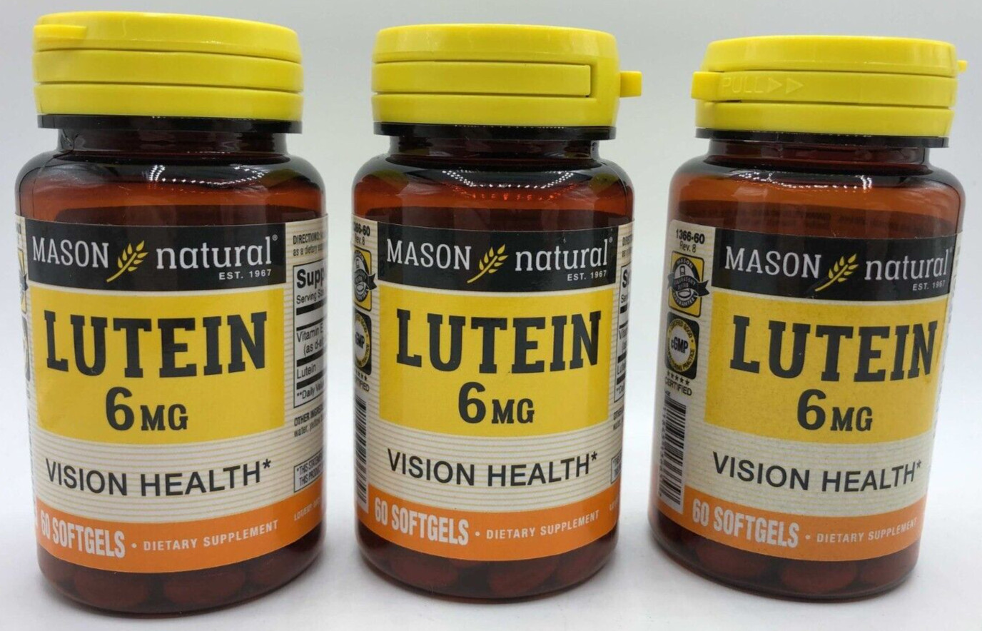 3PK Mason Natural Lutein 6mg Vision Health ~ 60 SoftGels Each ~ EXP 6/26 ~ NEW!