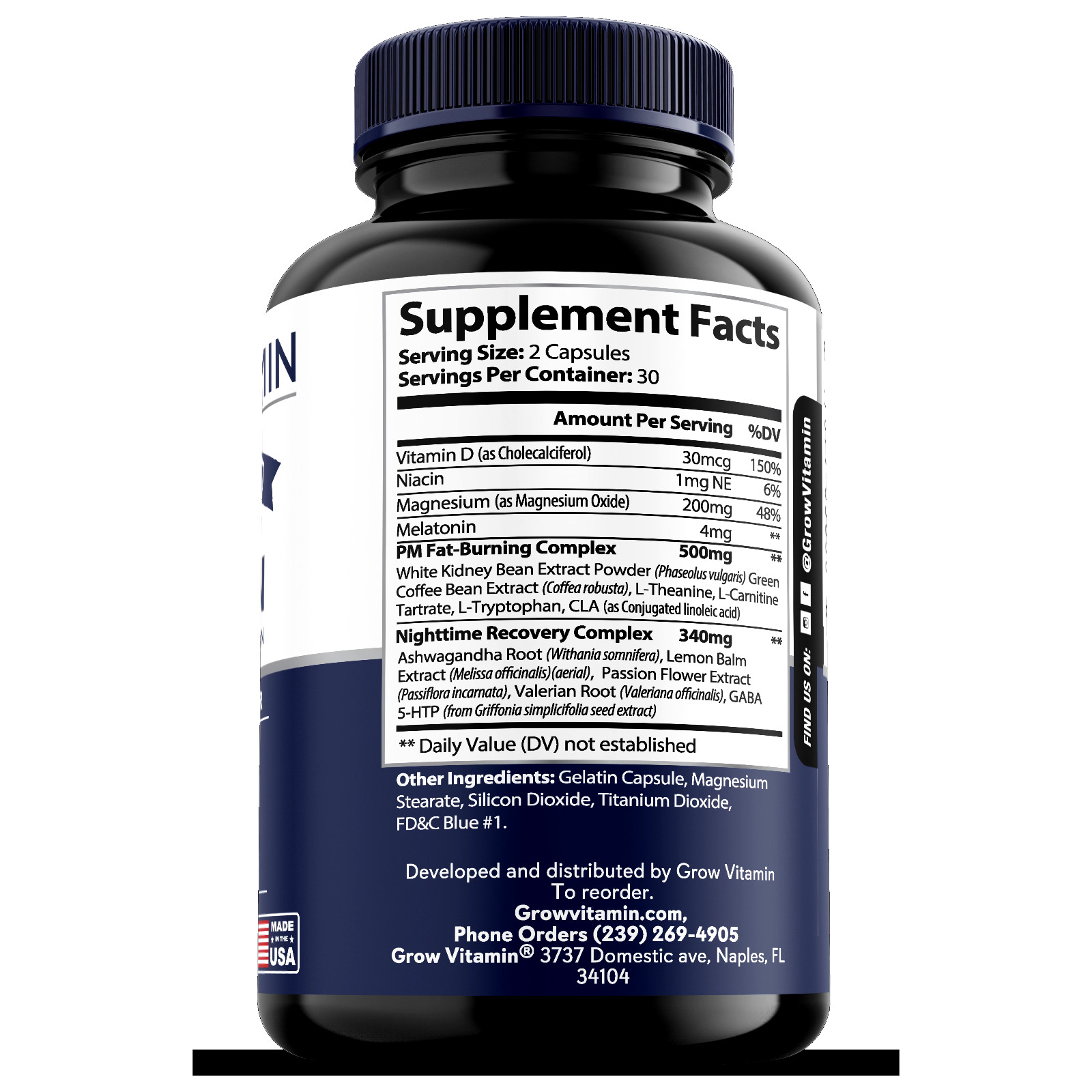Grow Vitamin Bedtime Burn PM Fat Burner – Sleep Aid and Nighttime recovery- 60ct