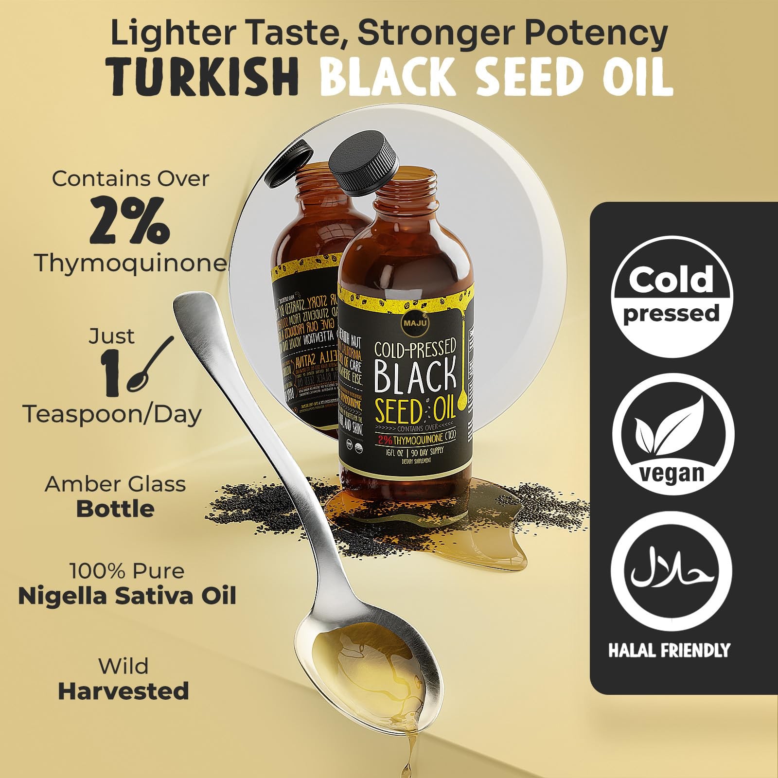 Maju Superfoods Majus Black Seed Oil 16Oz 3X Thymoquinone Cold Pressed 100