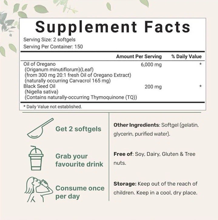 2 in 1 Oil of Oregano & Black Seed Softgels Count with Carvacrol,Immune Support
