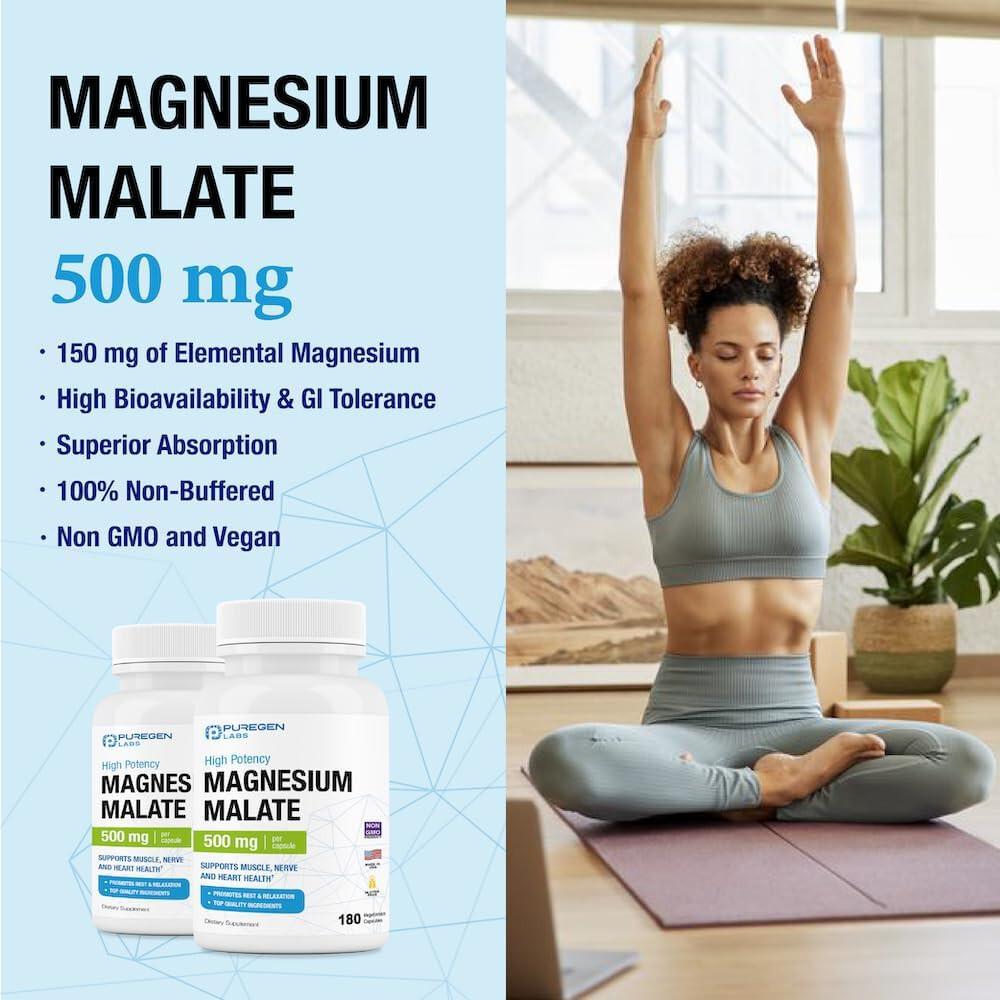 Puregen Labs Magnesium Malate | 500 mg. 180 Vegetarian capsules