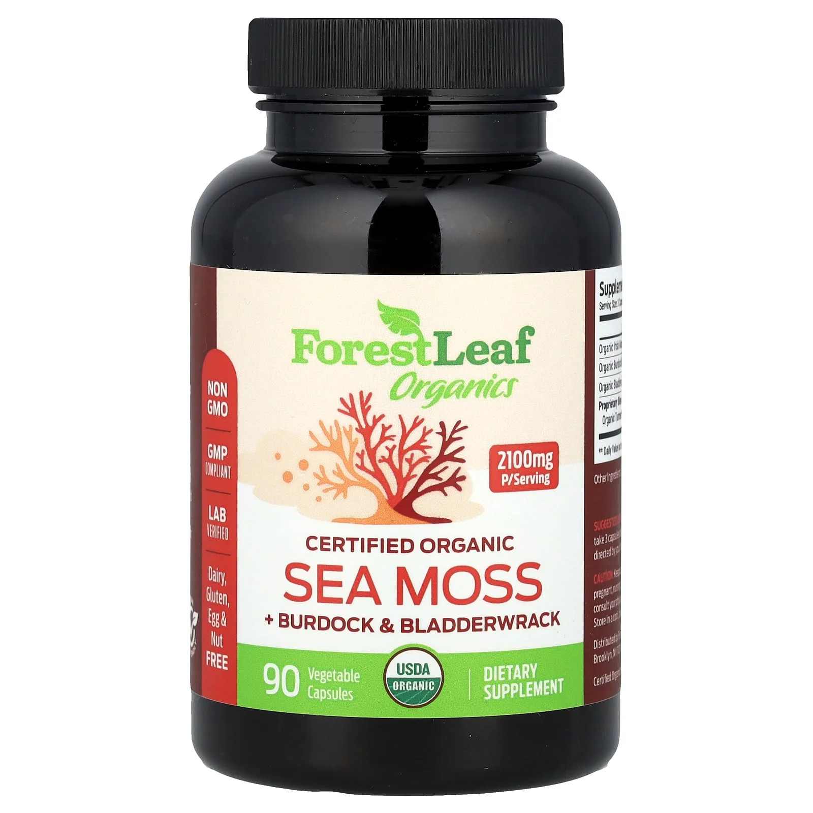 2 X Forest Leaf, Certified Organic Sea Moss + Burdock & Bladderwrack, 90 Vegeta