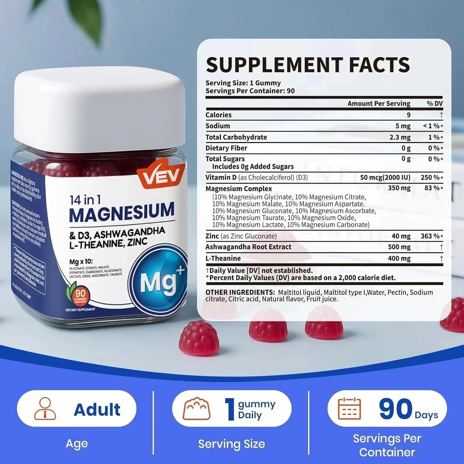 VEV 14-in-1 Magnesium Gummies – 10 Mg Types + D3, Ashwagandha – 90 Ct (2-Pack)