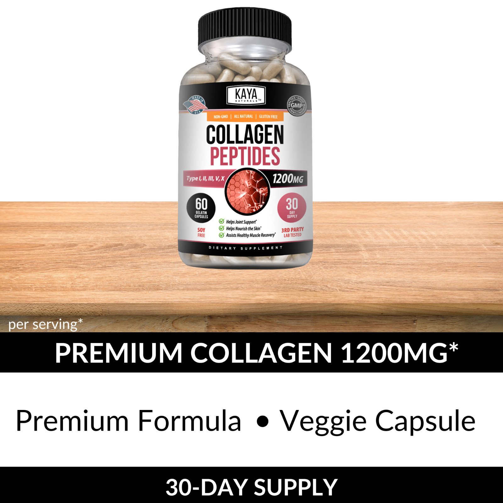 Collagen Peptides Types I, II, III, V, X 1200mg Pills Anti-Aging Skin Capsules
