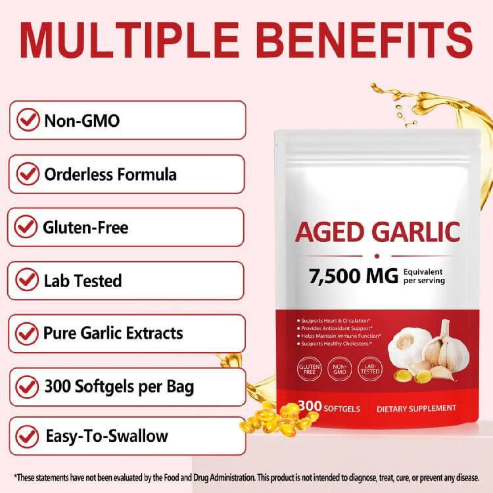 Odorless Garlic 7500Mg per Servings, 300 Softgels | 2 Years Aged Garlic Extra…