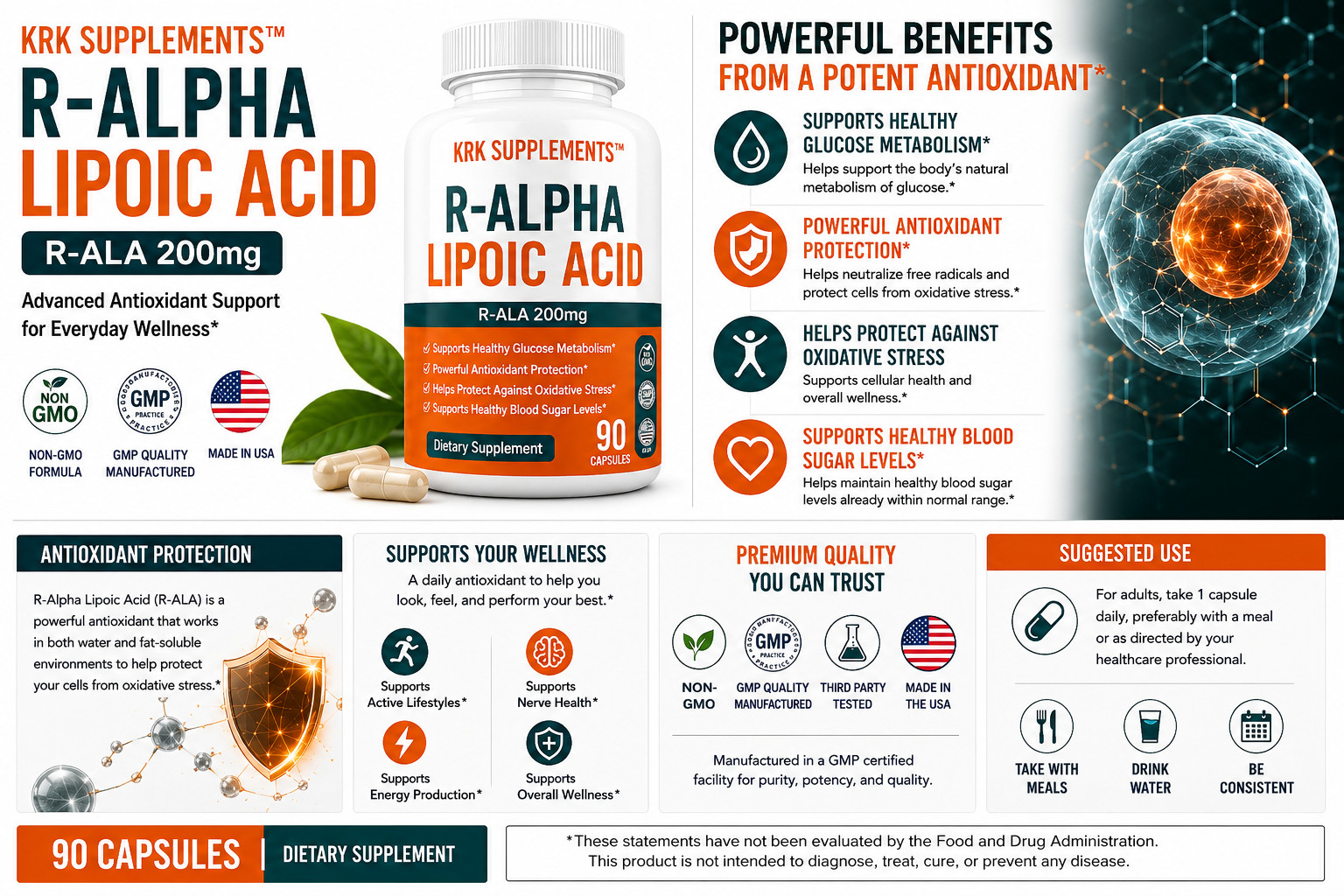 1 Bottle R-ALA R-Alpha Lipoic Acid 200mg Antioxidant Blood Sugar Formula Glucose