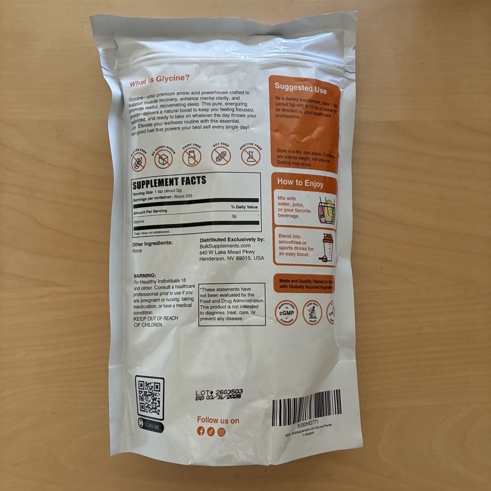 Bulk Supplements Glycine Powder – Amino Acid Nutritional Supplements – 2.2 lbs