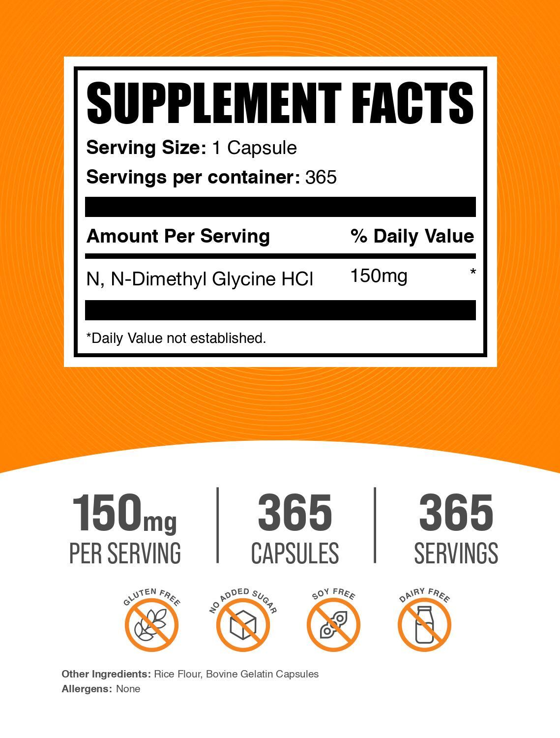N,N-Dimethyl Glycine HCl (DMG HCl) Capsules – 150mg per Serving – 365 Capsules